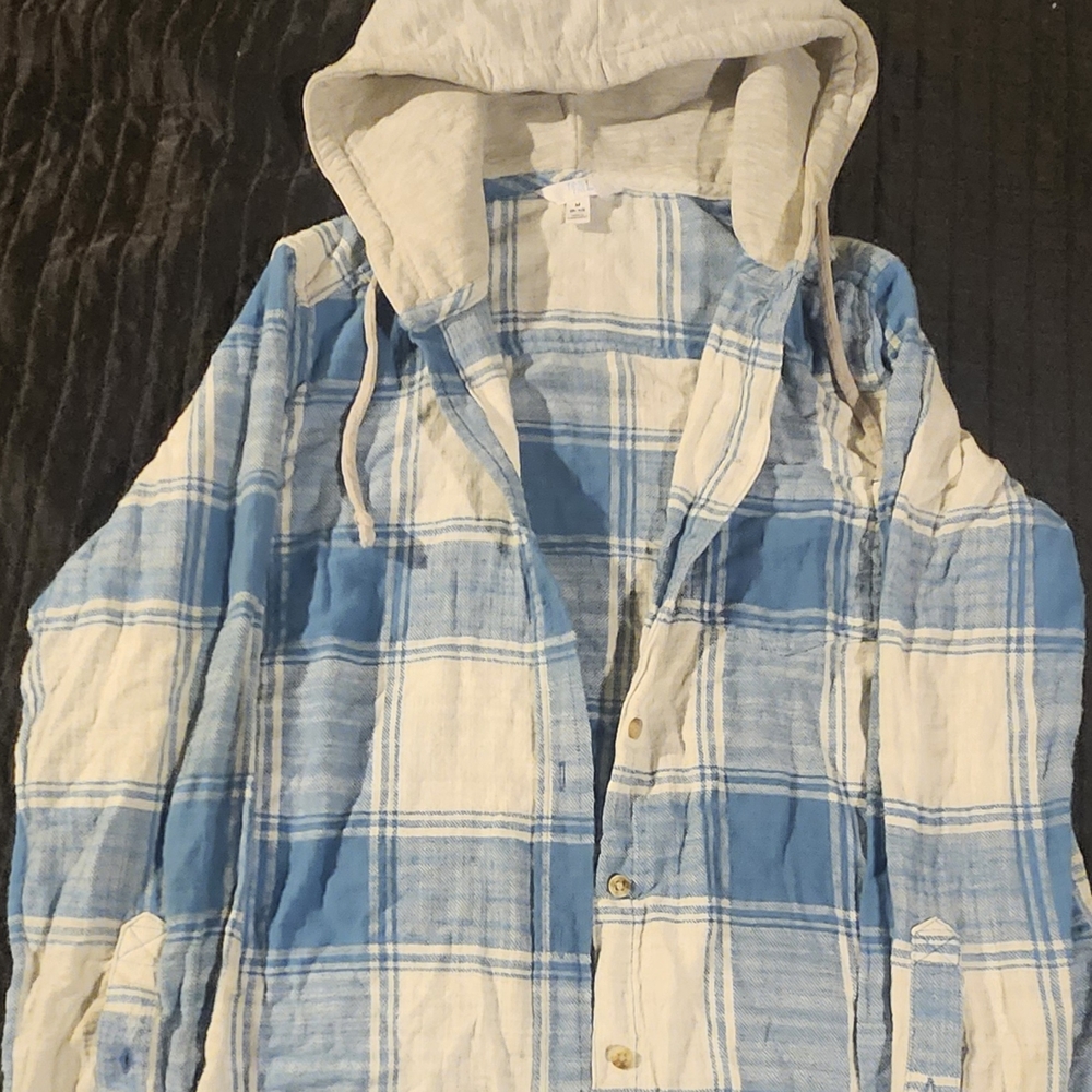 Blue and White Plaid Hooded Shirt